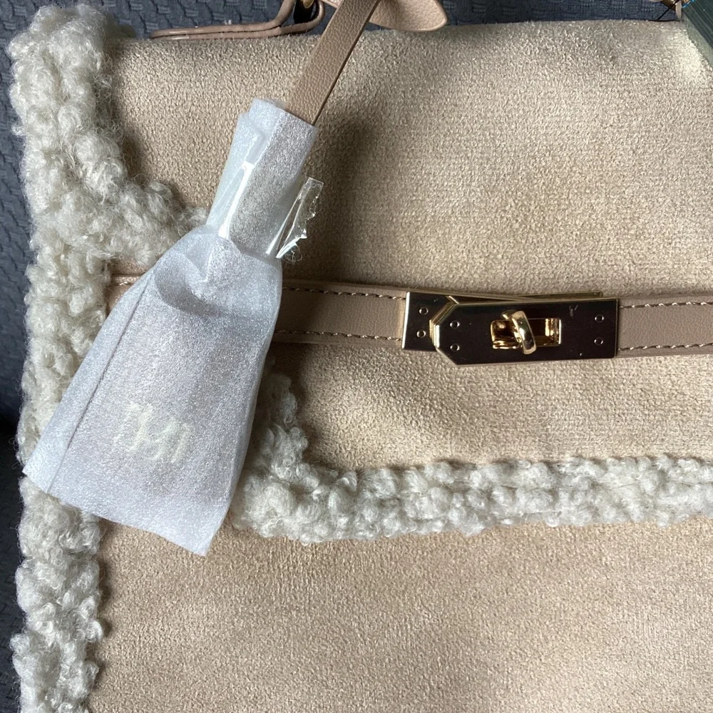 Badgley Mischka Faux Shearling Satchel Top Handle Crossbody‎ Bag Purse